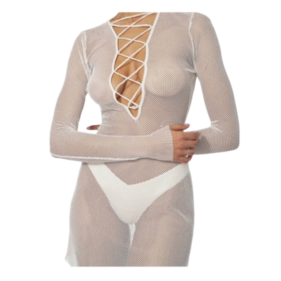 WEWOREWHAT V Neck Lace Up Mini Fishnet Cover up Dress - Off White - S - NEW - Picture 2 of 2